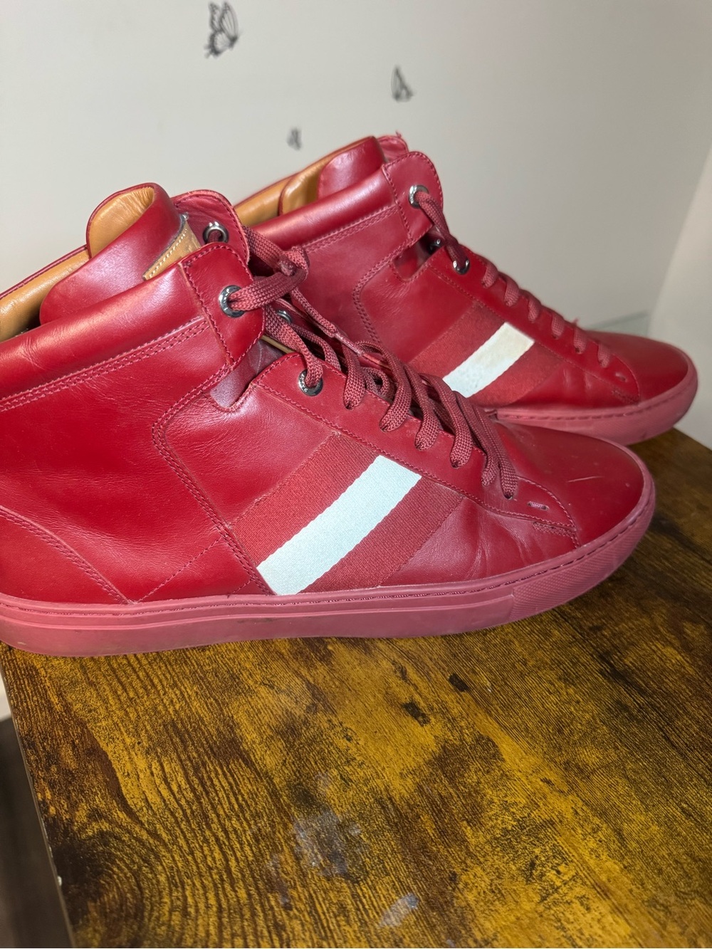 Bally Men's Red High-Top Leather Sneakers with White Side Stripe